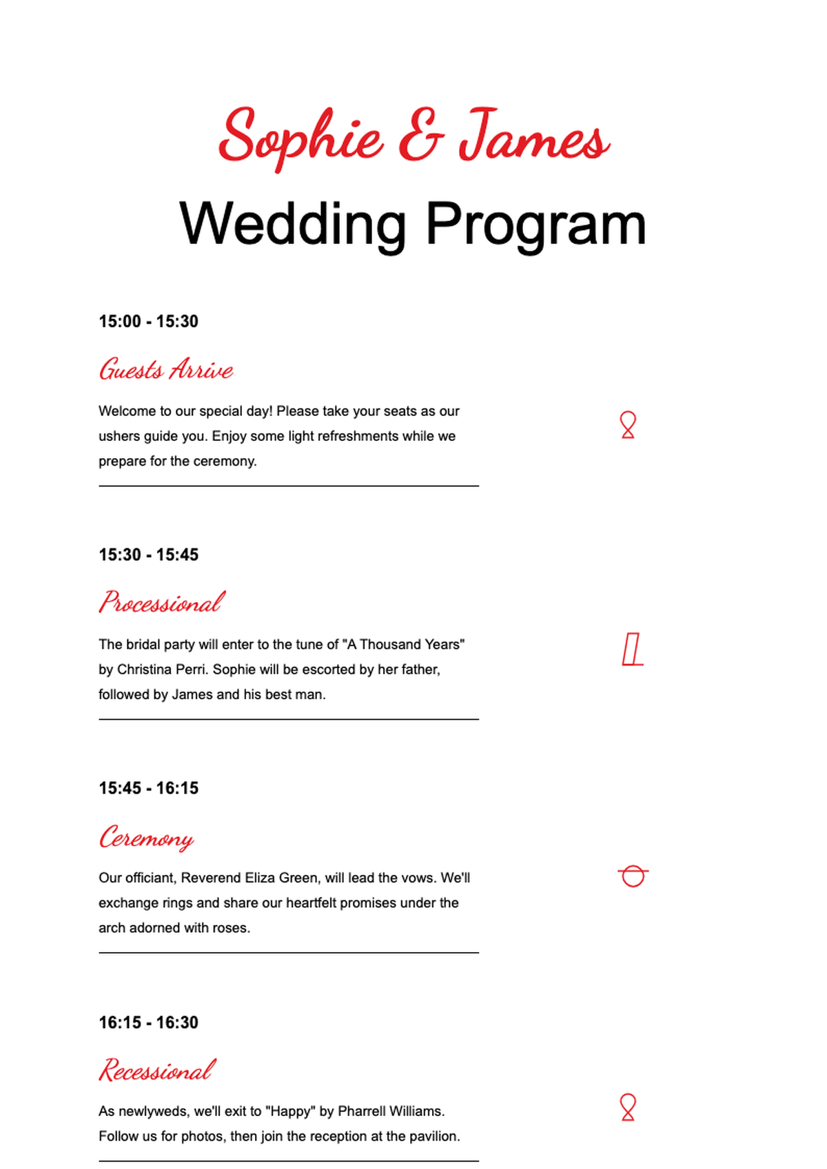 Sophie and James wedding program with red script and icons_variant_1